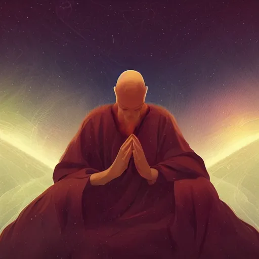 Prompt: the elegance of life, contrasting colors, cinematic, a simple textured vector based illustration, extraordinary lighting, a man in a robe meditates facing the nebula, critical detail, atmospheric dreamscape painting, digital art, wlop by ( jeremiah ketner and leonardo da vinci and greg rutkowski ), sharp focus