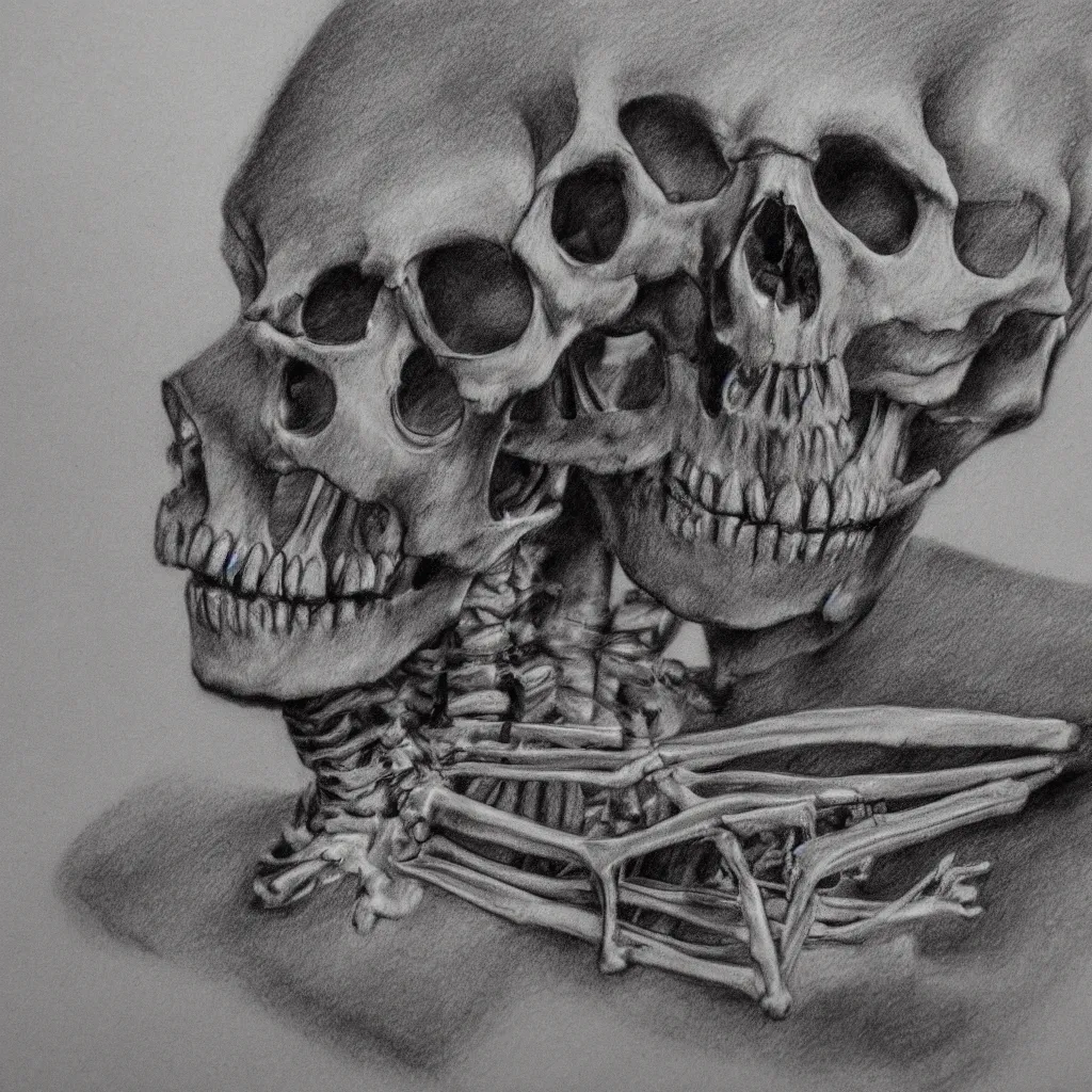 Prompt: Highly detailed charcoal sketch of a skeleton