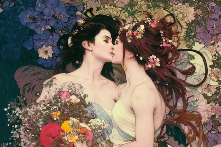 Image similar to the groom kisses the bride at a wedding full of flowers, bright and happy, dreamlike art, highly detail, 4 k realistic, wedding photoy krenz cushart. artem demura. alphonse mucha. yoji shinkawa artgerm. jon lothian. danilo torres. adi meyers. thomas reimann. gaston bussiere.