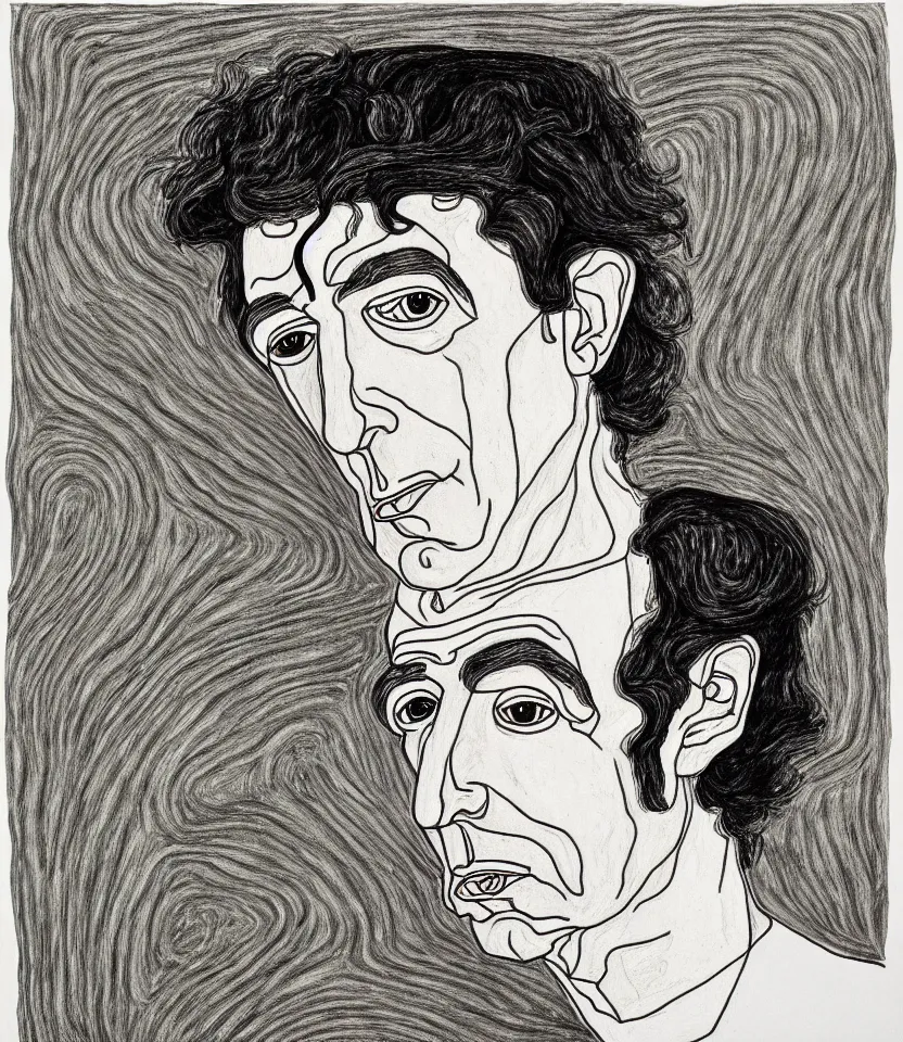 Image similar to detailed line art portrait of leonard cohen, inspired by egon schiele. caricatural, minimalist, bold contour lines, musicality, soft twirls curls and curves, confident personality, raw emotion