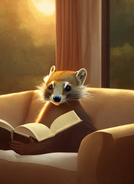 Prompt: A beautiful scene featuring a humanoid pine marten in loose white clothing reading on a couch. Golden hour. Hyperrealistic. Trending on CGSociety.