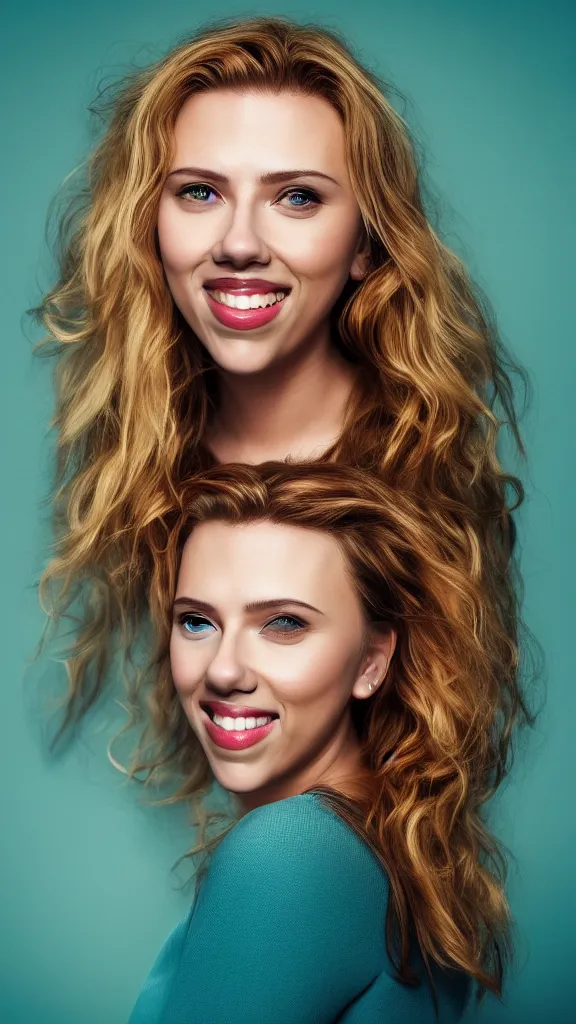 Image similar to portrait photo of smiling woman, photo of Scarlett Johansson:: symmetric face, symmetric eyes, slight smile, photo by Annie Leibovitz, 85mm, teal studio backdrop, Getty images