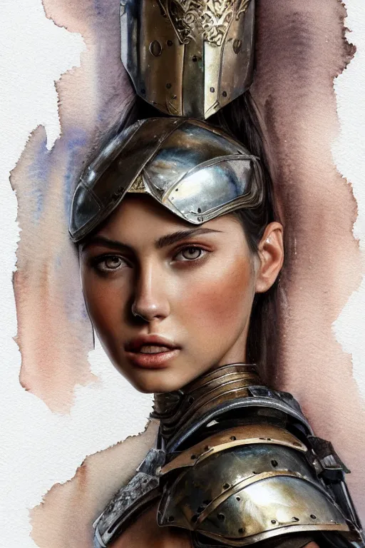 Image similar to a photorealistically painted portrait of an attractive young girl, partially clothed in metal-plated battle armor, abstract watercolor background, flawless olive skin, fair complexion, long dark hair, beautiful bone structure, perfectly symmetric facial features, perfect photorealistic eyes, natural physique, intricate, elegant, digital painting, concept art, finely detailed, beautifully illustrated, sharp focus, minimal artifacts, volumetric lighting, from Metal Gear, by Ruan Jia and Mandy Jurgens and Artgerm and William-Adolphe Bouguerea, in the style of Greg Rutkowski, trending on Artstation, award winning art