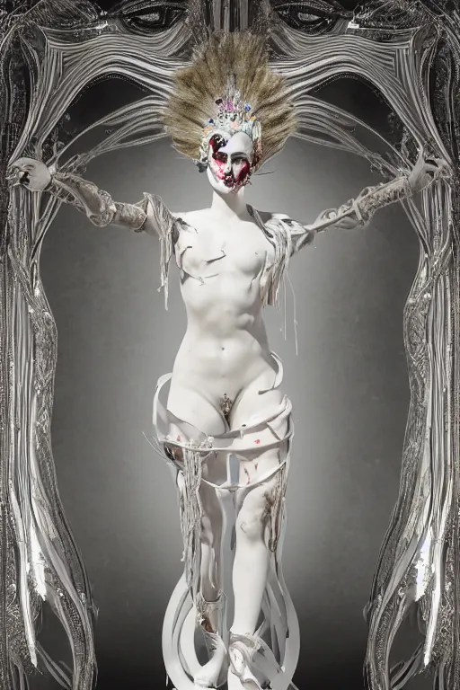 Prompt: white porcelain statue of wired matte sacred queen, sculpture with metallic polished intricated surface, dressed with a colorful torn silk cloak and chrome ornaments, made by antonio corradini, and dug stanat macabre art, dark surrealism, epic and cinematic view, volummetric light, texturized, detailed, freak circus, high graphics 8 k