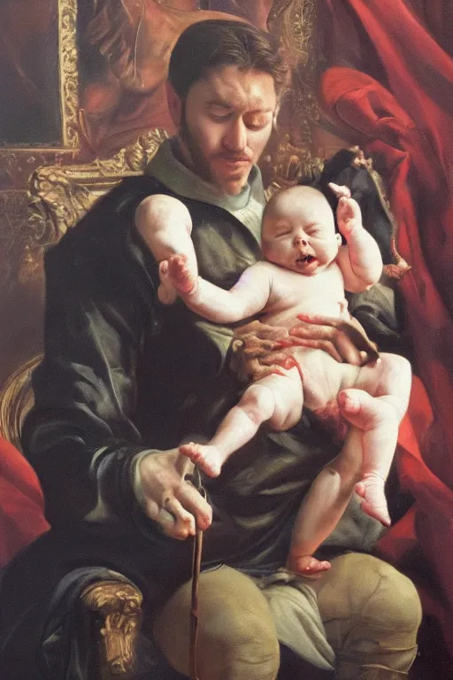 Prompt: hyperrealistic oil painting of a handsome man sitting on a high backed throne with tubes coming out of his arm, stealing blood from a baby in the background. dark. masterpiece