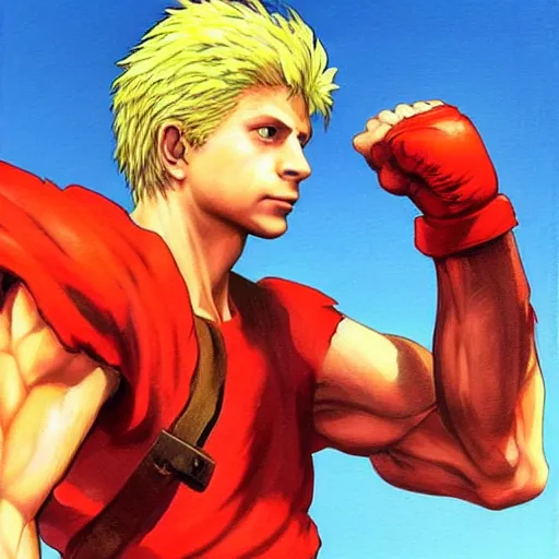 Image similar to michael cera as ken masters from street fighter, painting by frank frazetta, 4 k, ultra realistic, highly detailed,