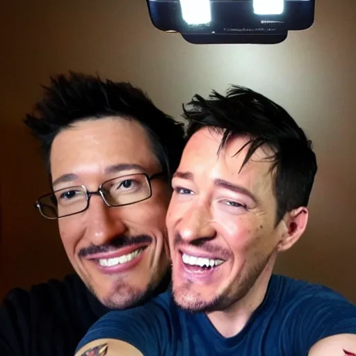 Image similar to Markiplier taking a selfie with Eminem, photorealistic, shot on iphone, realistic lighting, ultra high detail,