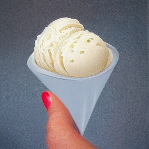 Image similar to Hyperrealistic symmetric painting of a levitating ice cream cone filled with mirror-like liquid mercury