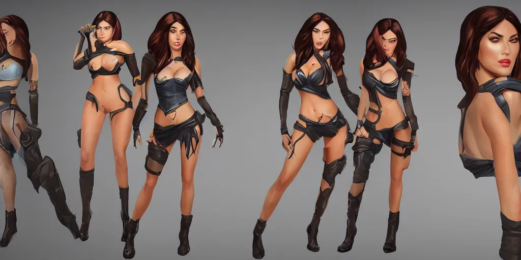 Prompt: character sheet of Megan Fox dressed like Caitlyn in the game League of Legends, with a background based on the game League of Legends, unreal engine 5