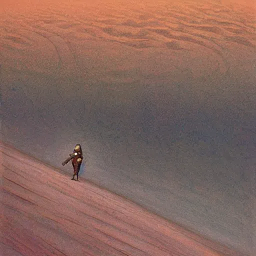 Prompt: star wars fan in the Dune desert next to earthworm in stile of Aivazovsky