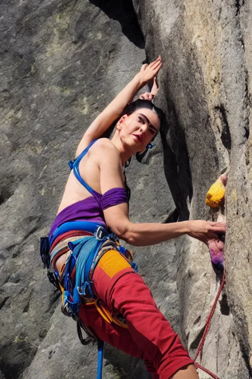 Image similar to a hyperrealistic portrait of Frida kahlo rock climbing, hd, 8k, artstation