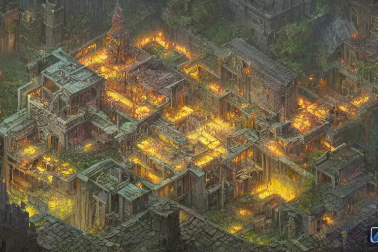 Image similar to an intricate matte painting of top down wild flourescent complex wimmelbild illustration of dungeon rpg megadungeon map,very clear image, no blur, by Christophe Vacher and Bastien Lecouffe-Deharme, trending on artstation