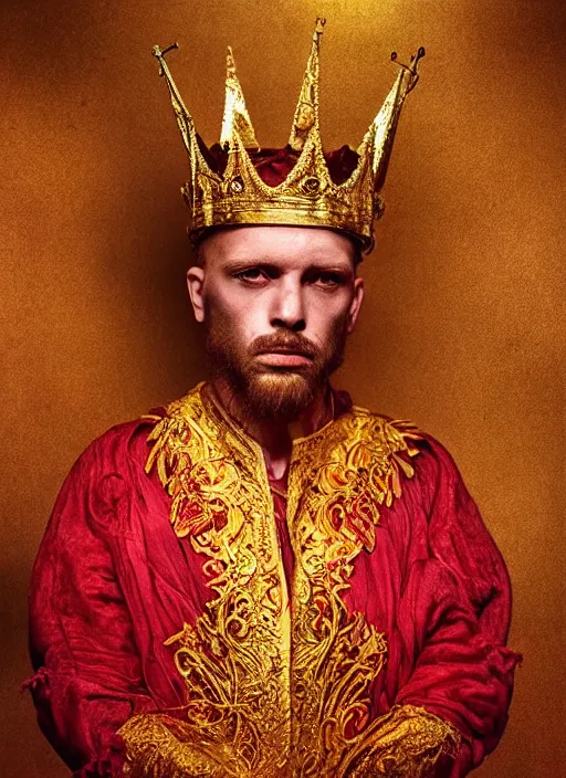 Image similar to 'Portrait of Crowned King Arthur' by Lee Jeffries royally decorated, whirling plasma, atmospheric motes, red and gold Sumptuous garb, gilt silk fabric, radiant colors, fantasy, perfect lighting, studio lit, micro details,