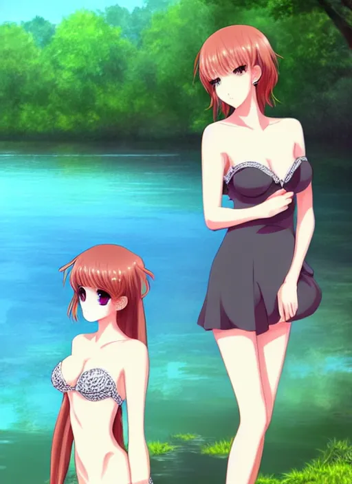 Prompt: two beautiful women out by the lake on a humid summer day, gorgeous faces, thick lines, cinematic lighting, detailed anime art