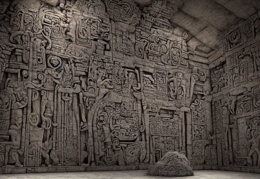 Image similar to a mayan temple interior with symmetric recogniseable giant face portrait of a mayan god-emperor in the center Carved in stone relief style behind an ancient altair of sacrafice. 3d render. Realistic. Well Detailed. Torch light. Omnious, intricate. H.r. giger painting influenced by alien reliefs