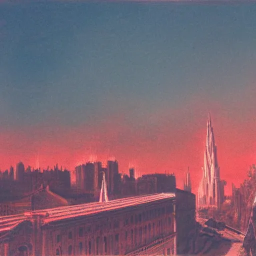 Image similar to A beautiful photograph of a cityscape with tall spires and delicate bridges. astrophotography, pastel red by Thomas Gainsborough, by Helmut Newton harrowing