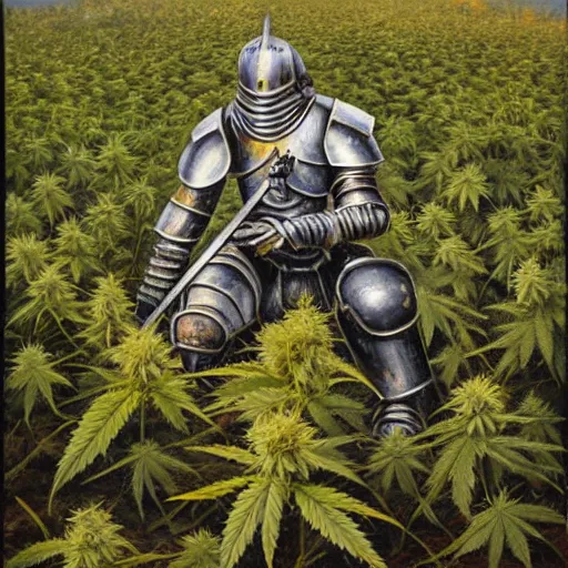 Image similar to a high detailed oil painting of a full armored knight squatting in a field of cannabis plants