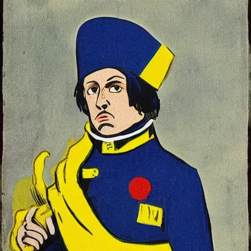 Prompt: Volodymyr Zelensky at war, dressed like Napoleon Bonaparte, his clothes are torn and dirty, he is sitting between dead corpses and weeping, holding a half burnt blue and yellow flag of Ukraine, in the style of Roy Lichtenstein