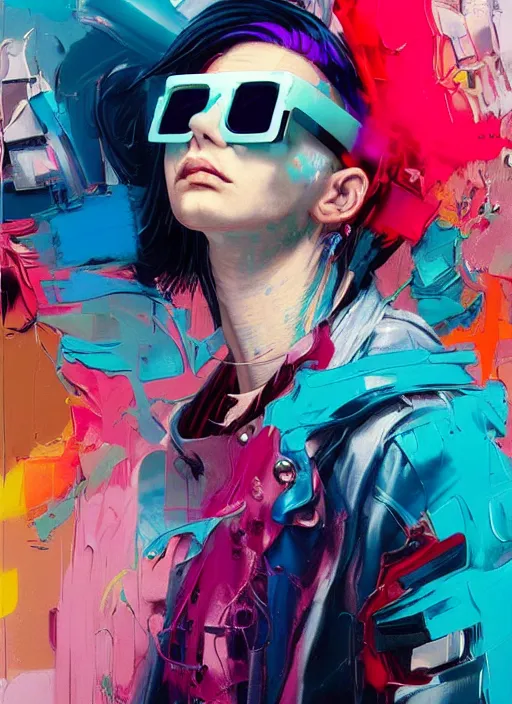 Prompt: an angelic hacker with turquoise hair in vast cyberspace glitching through a vulnerable server, wearing sunglasses, futuristic clothes, vibrant colors, rule of thirds, spotlight, drips of paint, expressive, passionate, by greg rutkowski, by jeremy mann, by francoise nielly, by van gogh, digital painting