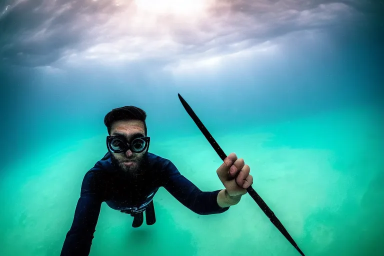 Prompt: high quality 4 k resolution go pro photo of storm god poseidon taking a selfie of himself underwater look king confused holding his trident