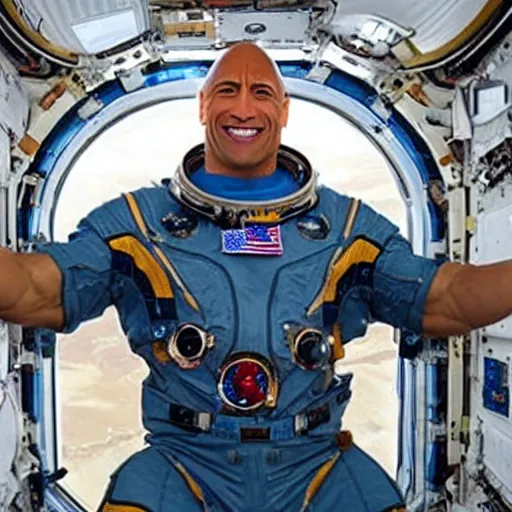 Prompt: dwayne the rock johnson wearing a spacesuit in international space station,