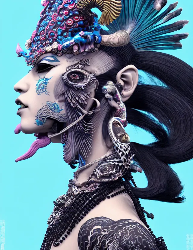 Image similar to 3 d goddess close - up profile portrait punk with mohawk with ram skull. beautiful intricately detailed japanese crow kitsune mask and clasical japanese kimono. betta fish, jellyfish phoenix, bio luminescent, plasma, ice, water, wind, creature, artwork by tooth wu and wlop and beeple and greg rutkowski