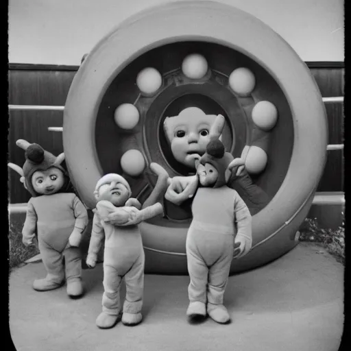 Prompt: creepy retro photograph of the teletubbies