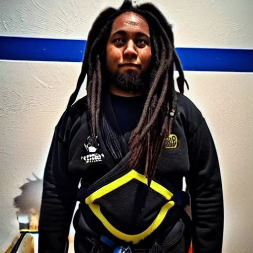 Prompt: photo of chubby black bjj athlete with long dreads posing, serious face