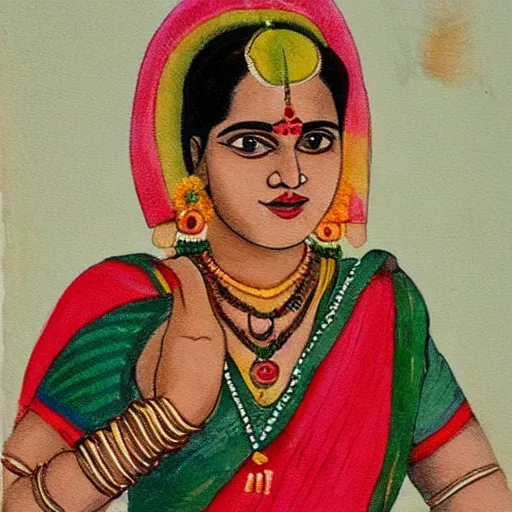 Prompt: painting of a women from maharashtra in saree from 2 0 th century making chapati
