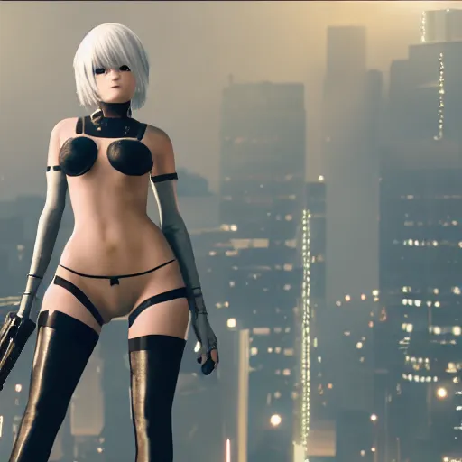 Prompt: 2B from Nier Automata pointing a gun in GTA 5 loading screen, art station, trending, editor’s pickup, cinematic lighting, 4k,