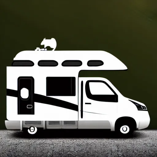 Prompt: white and black cute thor chateau motorhome camper, highway, mountains and sunset!!, everything enclosed in a circle, happy, professional colorful logo illustration