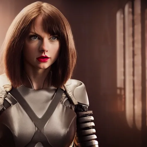 Image similar to cinematic still of taylor swift in alita : battle angel ( 2 0 1 9 ), xf iq 4, f / 1. 4, iso 2 0 0, 1 / 1 6 0 s, 8 k, raw, dramatic lighting, symmetrical balance, in - frame