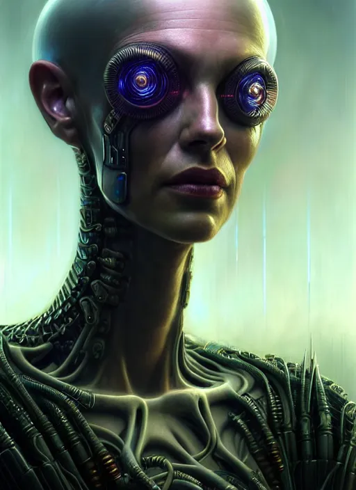 Image similar to closeup portrait shot of a cyberpunk alien in a scenic dystopian environment, intricate, elegant, highly detailed, centered, digital painting, artstation, concept art, smooth, sharp focus, illustration, artgerm, tomasz alen kopera, peter mohrbacher, donato giancola, joseph christian leyendecker, wlop, boris vallejo