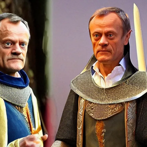 Image similar to donald tusk in medieval times look like merlin magic spells costume high details cinematic mood