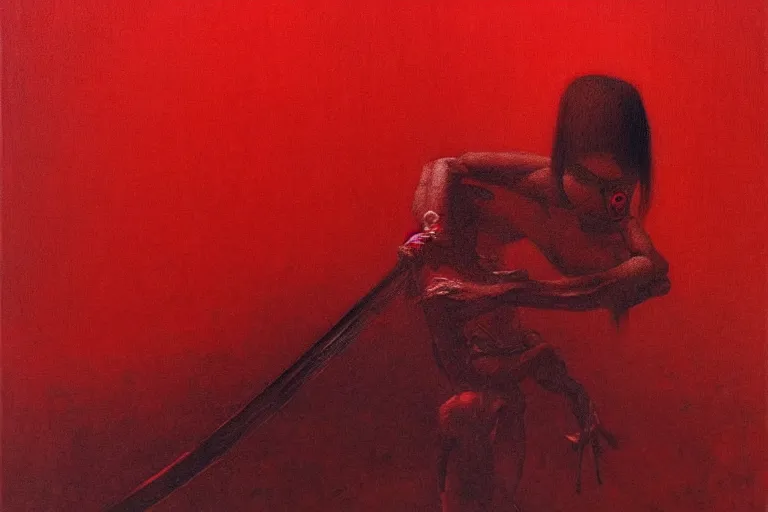 Image similar to only with red, a red samurai harakiri, tokio, a lot of frogs watch, in the style of beksinski, parts by edward hopper, parts by rodcenko, parts by yue minjun, intricate and epic composition, red by caravaggio, insanely quality, highly detailed, masterpiece, red light, artstation, 4 k