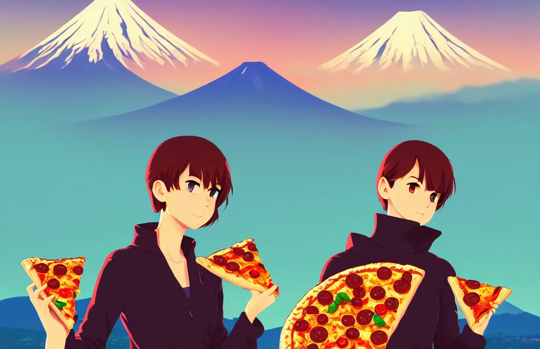 Prompt: portrait of pizza shapes, mount fuji background, rich vivid colors, ambient lighting, dynamic lighting, 4 k, hq, official media, anime key visual, makoto shinkai, ilya kuvshinov, lois van baarle, rossdraws, detailed, trending on artstation