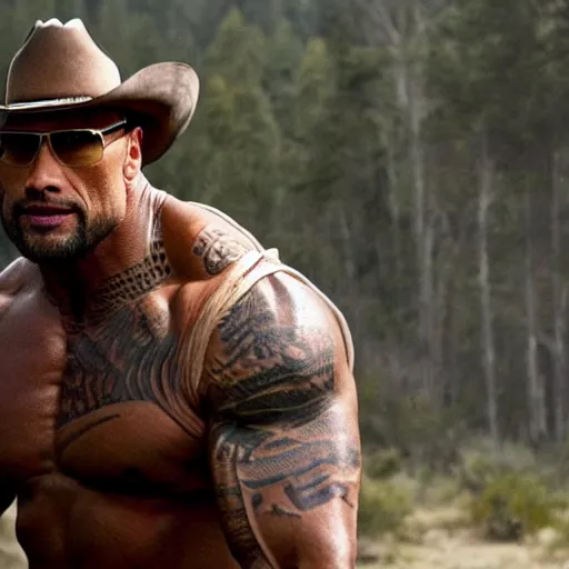 Image similar to a film still of Dwayne Johnson as beard cowboy