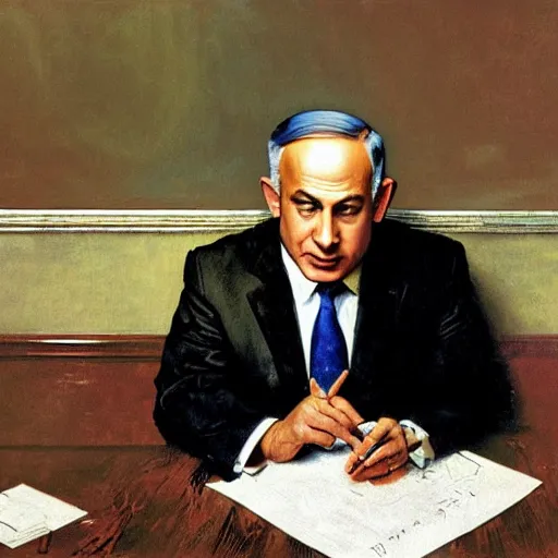 Prompt: painting of benjamin netanyahu sitting in a dark room answering fan mail, stressed expression, by norman rockwell