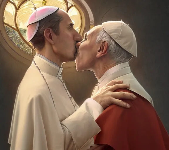 Image similar to photography of a pope kissing the breast of a sensual woman, deep focus, intricate, elegant, highly detailed, digital painting, artstation, concept art, matte, sharp focus, illustration, art by artgerm and greg rutkowski and alphonse mucha