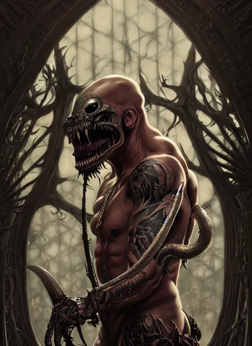 Image similar to ultra realistic, predator, male, fangs, goth, tattoos, leather, fantasy, flesh, bone, body horror, intricate details, eerie, highly detailed, octane render, 8 k, art by artgerm and alphonse mucha and greg rutkowski