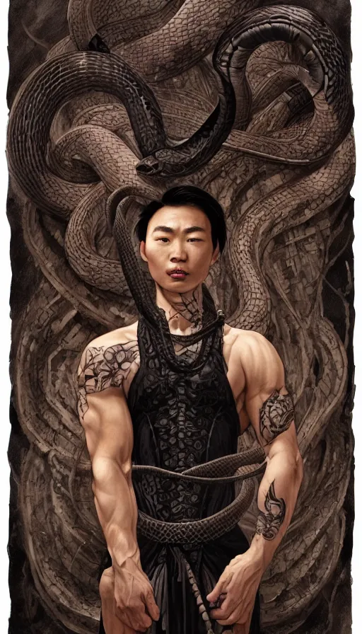 Image similar to portrait of muscular asian snake tamer, with a big snake tattoo around his body, mischievous, expressive pose, peaceful expression, dark gothic dress, fantasy, intricate, dark forest background, highly detailed, digital painting, artstation, concept art, smooth, sharp focus, illustration, art by artgerm and greg rutkowski and alphonse mucha