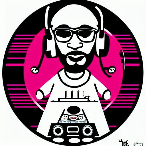 Image similar to svg sticker of a Dancing-Ben-Harper-Snoop-Spike-Lee-with-a-large-Afro-Puff, at a rave, spinning records, giant headphones rocking out, wearing headphones, huge speakers, dancing, rave, DJ, spinning records, digital art, amazing composition, rule-of-thirds, award-winning, trending on artstation, featured on deviantart