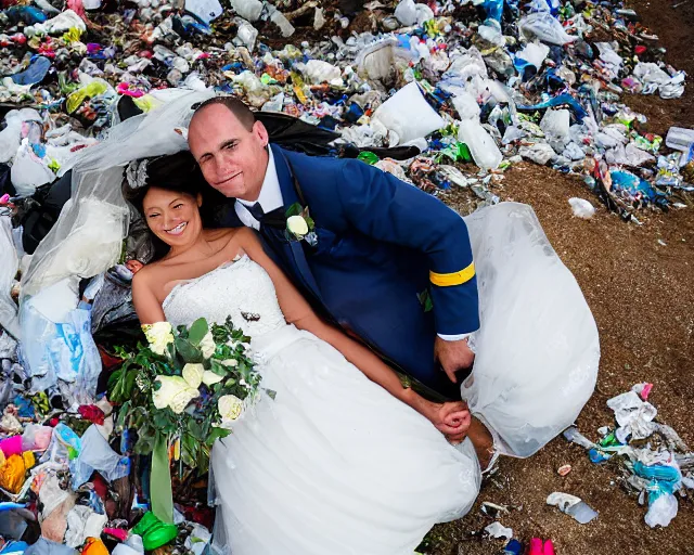 Prompt: a bride and groom lay in the trash at a landfill, wedding photography
