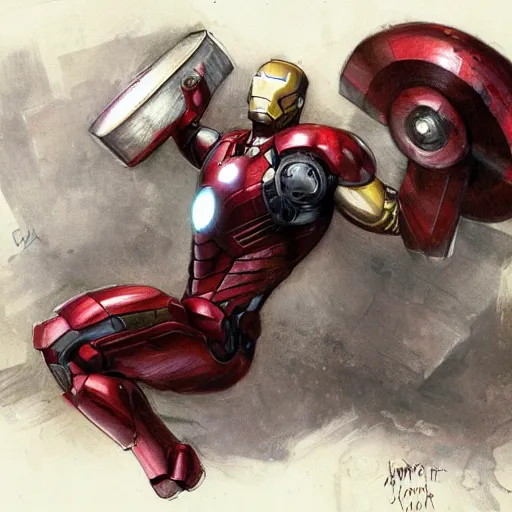 Prompt: ironman lifting mjolnir, by jean - baptiste monge