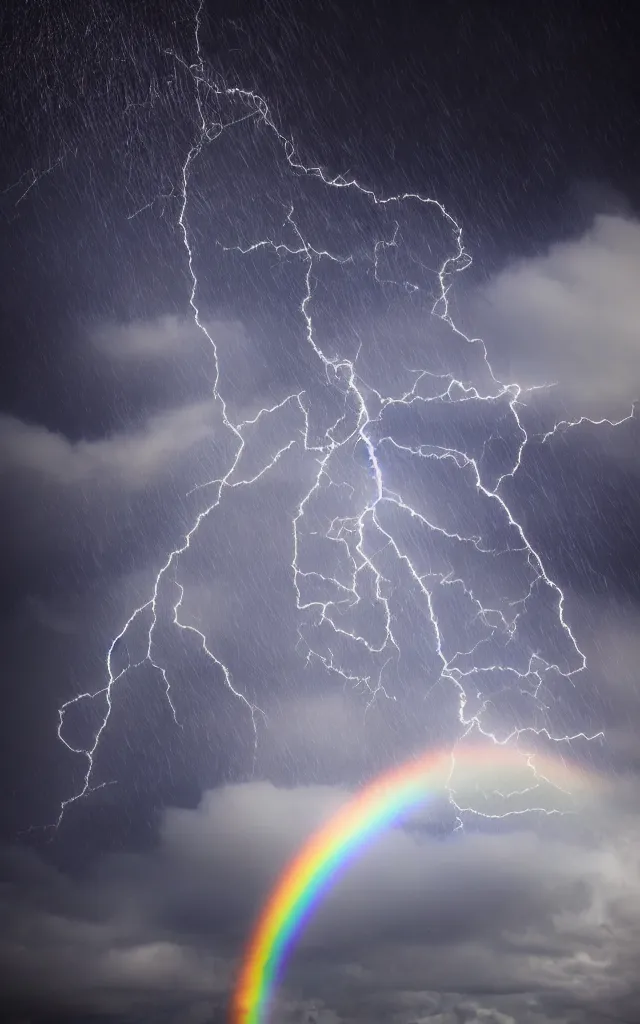 Prompt: dark night stormcloud, intricated rainbow with ring shape, light gleams and beams between the cloud, photography fantasy, realistic