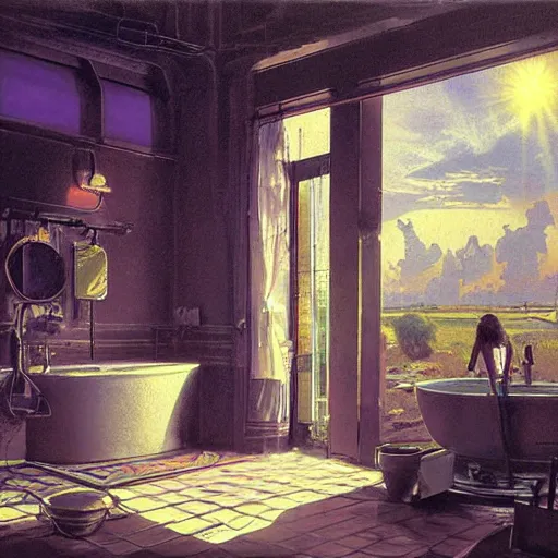 Image similar to detailed painting of syd mead artlilery scifi bathroom with ornate metal work lands on a farm, volumetric lights, purple sun, andreas achenbach