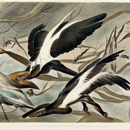 Prompt: by john james audubon, by jackson pollock flowing. a body art of a winged creature, flying high above a group of people in a dark, wooded area. the creature's wings are spread wide & its head is turned upwards, looking towards the sky. people below looking up at creature awe & fear.