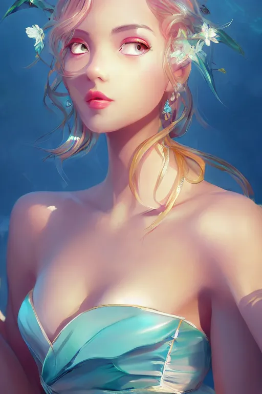 Image similar to a beautiful fashion goddness of love, chic strapless dress, tropical sea background, character design, in the style of artgerm, and wlop, cinematic lighting, hyperdetailed, 8 k realistic, symmetrical, global illumination, radiant light, frostbite 3 engine, cryengine, dof, trending on artstation, digital art