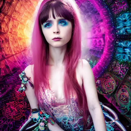 Image similar to Ethereal, mysterious stunning maximalist mesmerizing cyberpunk girl named Alessandra Torresani from the rainbow sky paradise, high-tech, professional high fashion model photo shoot, hyperdetailed by Mark Ryden and artgerm and Hiroyuki-Mitsume Takahashi, 35mm macro shot, hyperrealism, 8k resolution 3D