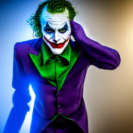 Prompt: the Joker doing a funny little dance in the public restrooms, fully body photo, realistic, blue lighting